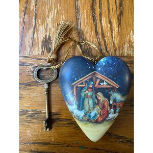 Susan Winget Art Hearts Oh Holy Night Nativity Scene Ornament W/Key Gold & Blue